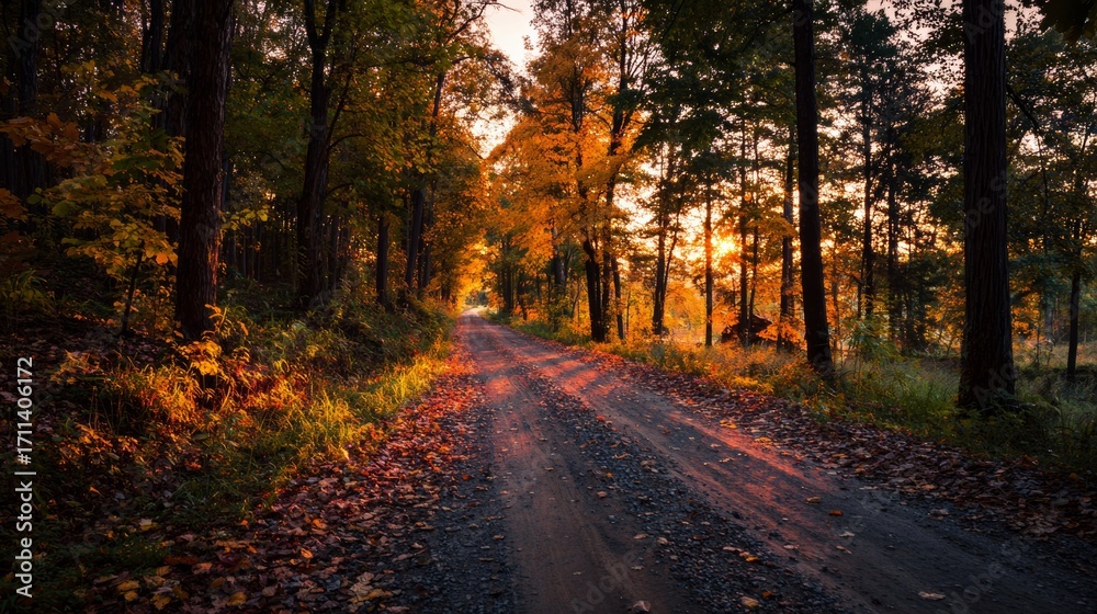 Naklejka premium Road in autumn forest at sunset.