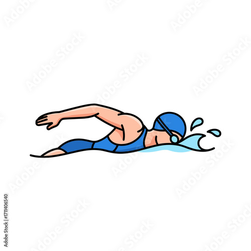 Cartoon illustration of a swimmer in a blue swimsuit and cap, performing the freestyle stroke in water.