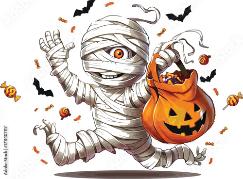 Cartoon mummy running with pumpkin candy bag for halloween trick or treating fun