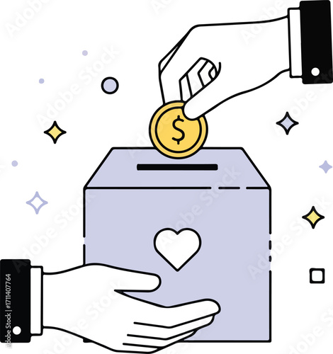Hand putting coin in donation box isolated on white background