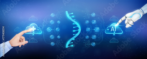 Doctor finger and robot touching plus sign and AI in clouds. RNA ribonucleic acid translucent polygon with medical network icons. Cyborg human collaboration. Health care technology digital. Vector.