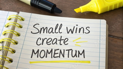 Inspirational quote on notebook page highlighting importance of small victories in creating significant progress and forward momentum