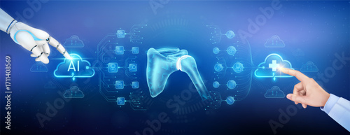 Doctor finger and robot touching plus sign and AI in clouds. Shoulder joint bone organ translucent polygon with medical network icon. Cyborg human collaboration. Health care technology digital.