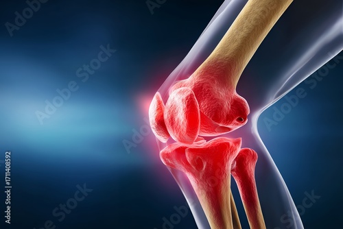 Human knee joint anatomy with highlighted pain area