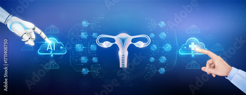 Doctor finger and robot touching plus sign and AI in clouds. Uterus organ translucent polygon with medical network icons. Cyborg human collaboration. Health care technology digital. Banner vector.