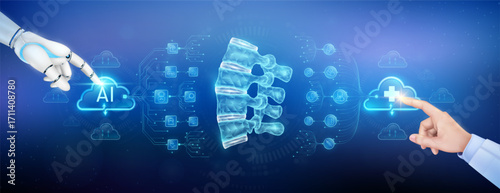 Doctor finger and robot touching plus sign and AI in clouds. Spine joint bone organ translucent polygon with medical network icons. Cyborg human collaboration. Health care technology digital. Vector.