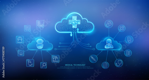 Doctor robot and plus sign in clouds with medical network icons. Cyborg human collaboration. Health care technology digital ai. Banner vector.