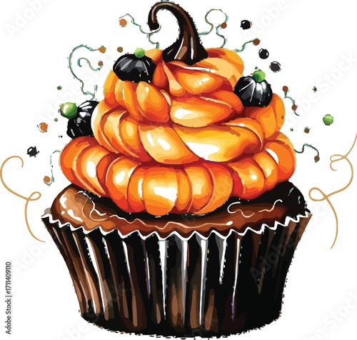 Festive halloween cupcake with pumpkin frosting and black pumpkin decorations