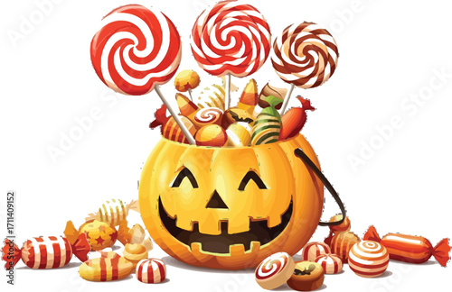 Pumpkin bucket overflowing with halloween candy and lollipops on a white background