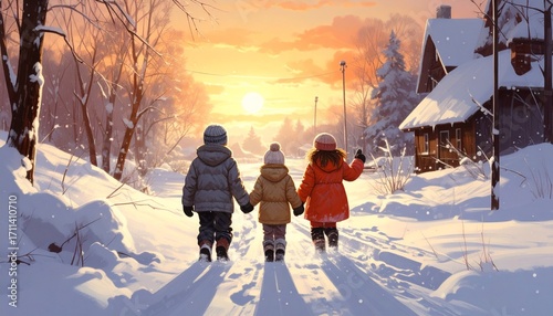 Three children holding hands walking down a snowy path at sunset with warm light