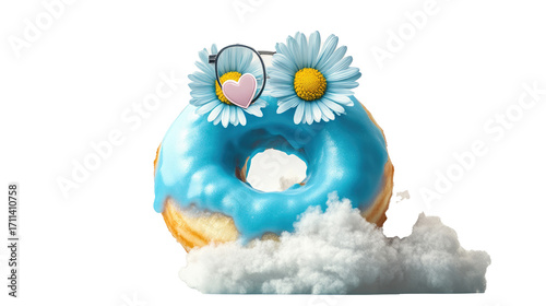A baby blue daisy pops out of a fluffy donut cloud wearing heart-shaped glasses, symbolizing sugary charm and sky-high fun, on white background. png