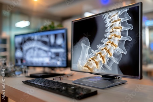 Close-up of spinal x-ray on computer screens in medical office