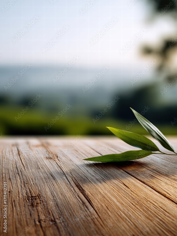 Obraz premium Serene Nature Scene with Wooden Surface and Green Leaf