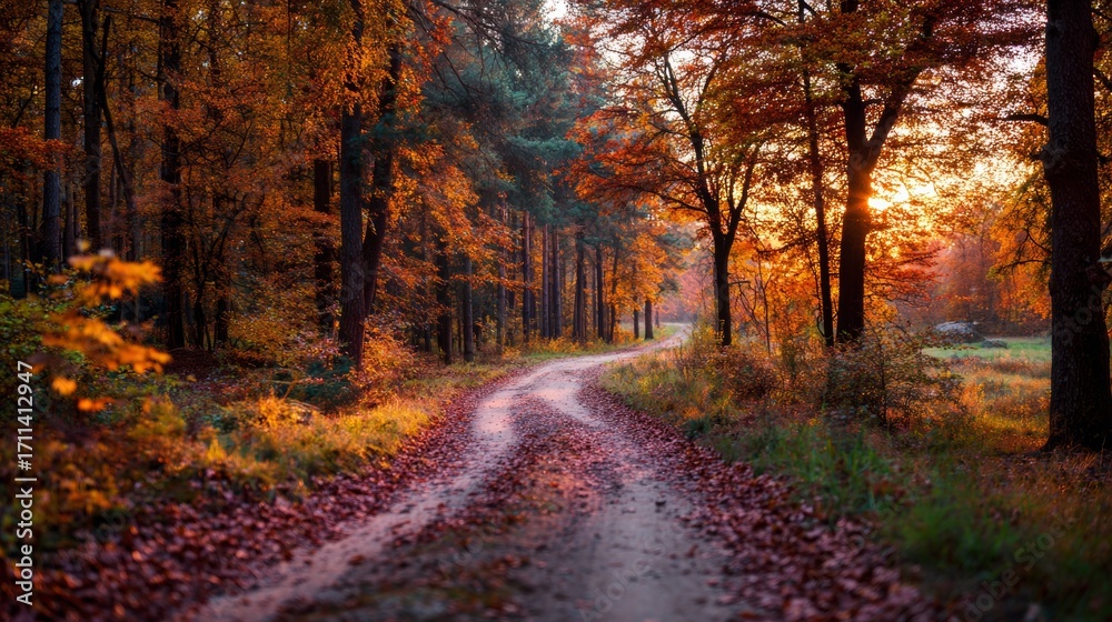 Fototapeta premium Road in autumn forest at sunset.