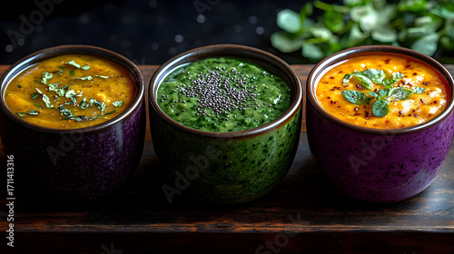 Vibrant Trio of Creamy Soups: A Food Photography Illustration