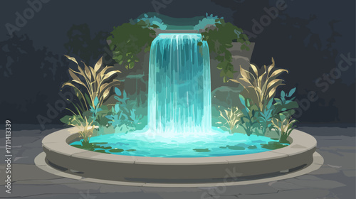 Nighttime waterfall in circular pool with plants