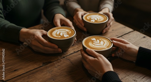 Cozy Coffee Shop Friends Sharing Lattes Latte Art Warm Rustic Café Connection