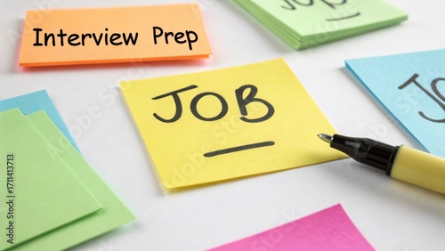 Job Interview Preparation with Colorful Sticky Notes and Pen on a Clean Desk for Career Success and Planning