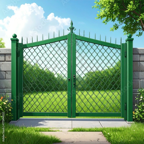A digital illustration of a green gate in a lush garden setting.  A pathway leads to the gate