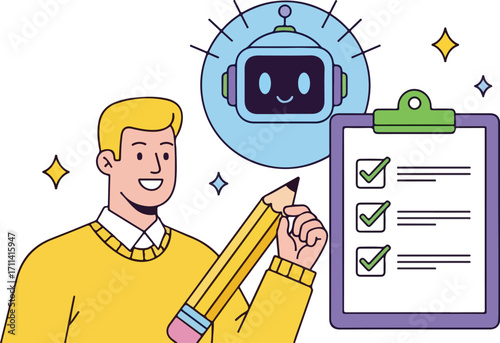 Man completing checklist with robot assistant isolated on white background