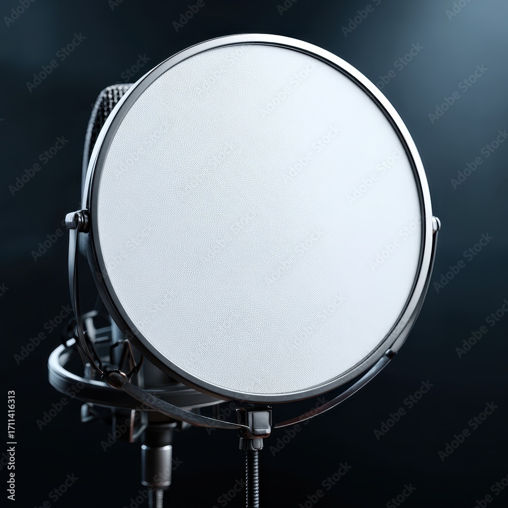 Fototapeta premium Close-up of a professional studio pop filter in front of a microphone on a dark background, ready for recording.