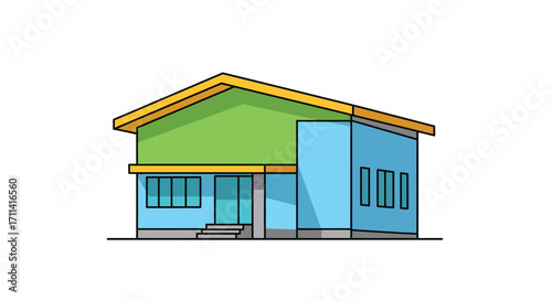 Stylized flat vector illustration of a modern rural building with green roof