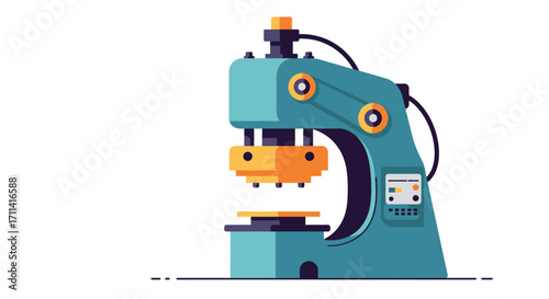 Stylized vibrant mechanical press machine illustration on white backdrop