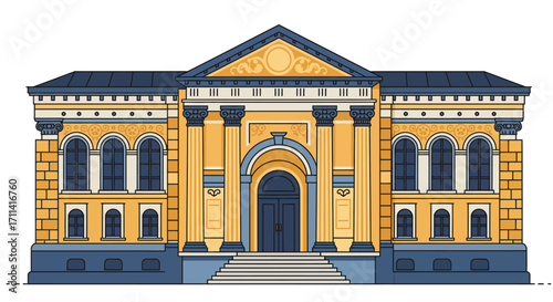 Detailed flat vector illustration of a vibrant library building facade