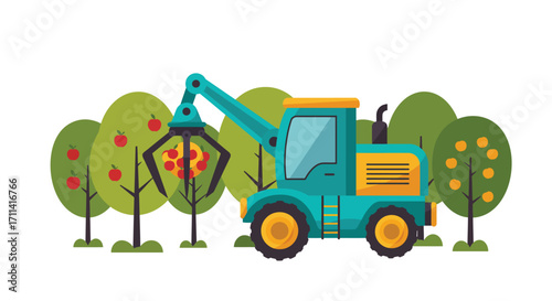Stylized flat vector illustration of a vibrant fruit picking machine in an orchard