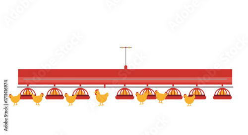 Vibrant poultry farm setup with automated feeders and happy chickens