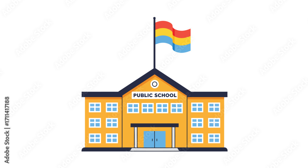 Fototapeta premium Vibrant flat vector illustration of a public school building with flagpole