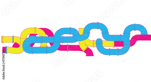 Stylized illustration of intersecting, vibrant industrial ventilation ducts