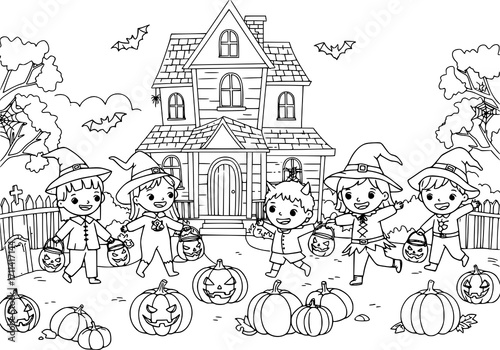 Cute kids in costumes trick-or-treating, pumpkins, bats, haunted house in the background. No color, no shading, vector line art.