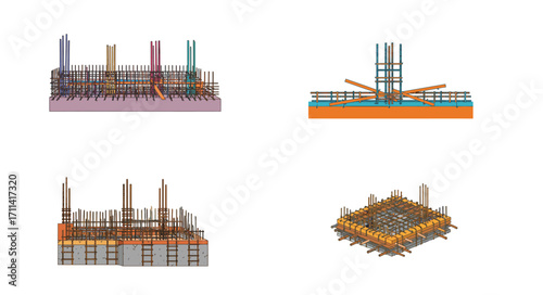 Illustrations showcasing reinforced concrete foundation construction stages