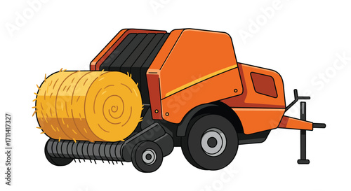 Detailed Flat Vector Illustration of a Hay Baler Machine in Operation