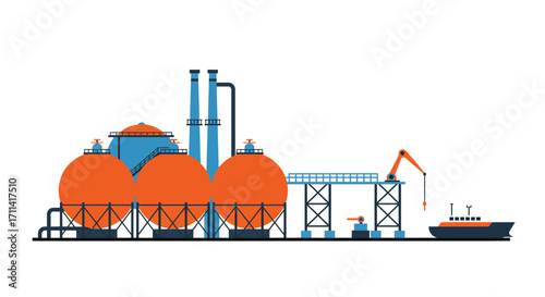 Stylized flat vector illustration of a vibrant liquefied natural gas terminal