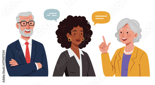 Diverse business team brainstorming solutions with speech bubbles vector design
