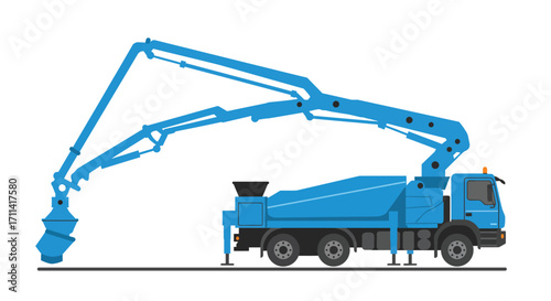 Vibrant blue concrete pump truck vector illustration on white background