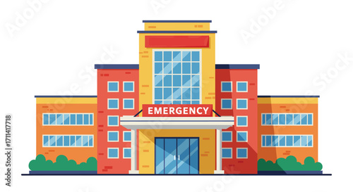 Stylized flat vector illustration of a modern hospital exterior with emergency entrance