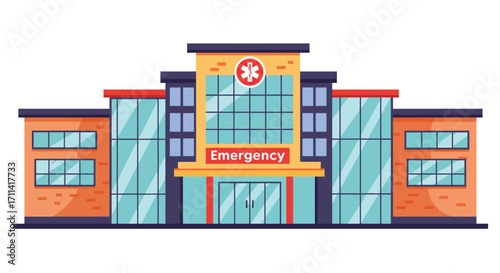 Stylized flat vector illustration of a modern hospital with emergency entrance