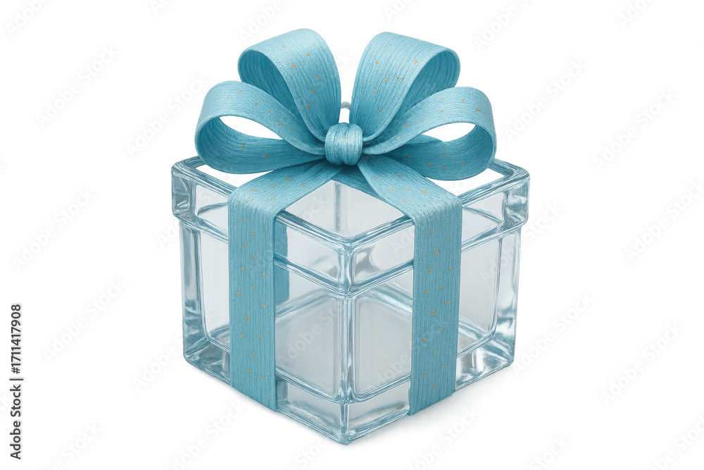 Fototapeta premium Glass Gift Box with Light Blue Bow on Transparent Background