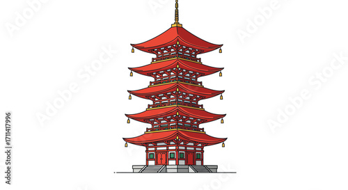 Stylized flat vector illustration showcasing a vibrant traditional pagoda building