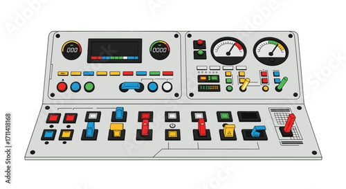 Vibrant stylized flat vector illustration of factory control panel