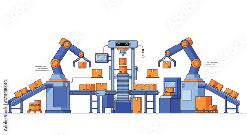 Automated product packaging assembly line, using robotics on isolated background