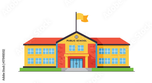 Stylized flat vector illustration of a public school building with flagpole