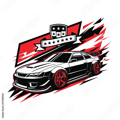 Illustration of a modified sports car with a spoiler and custom wheels.