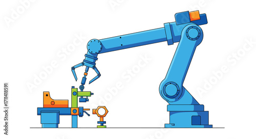 Stylized industrial robotic arm executing precise assembly operations
