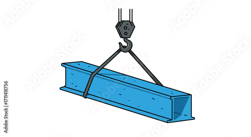 Stylized vector illustration of steel beam hoisted by crane hooks on white