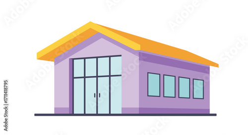 Stylized illustration of a lilac building with bright yellow roof on white