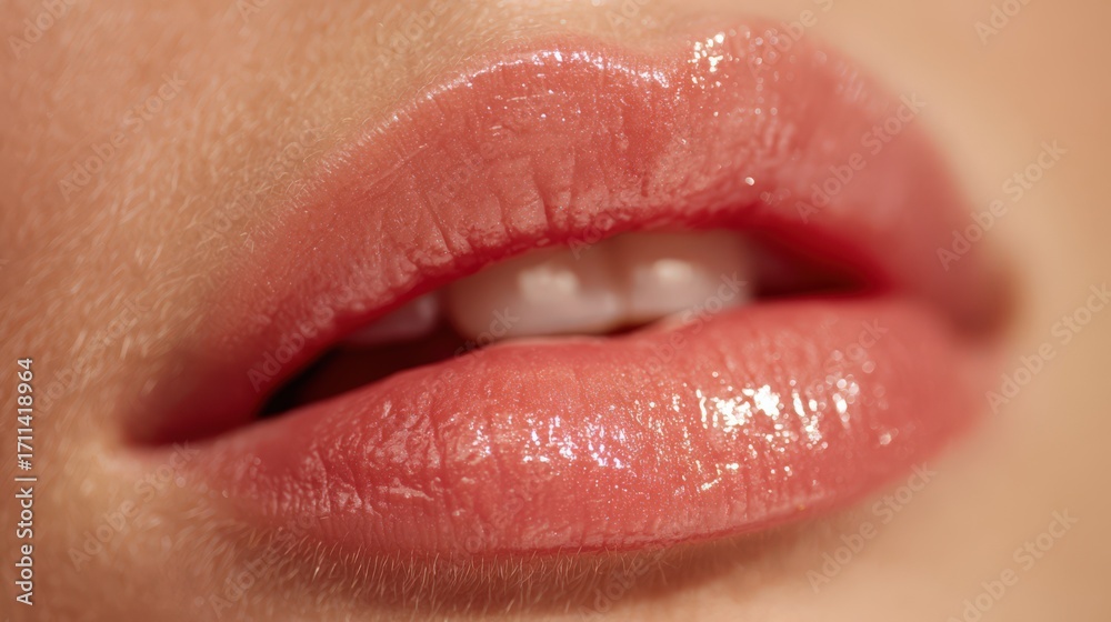 Obraz premium Macro Beauty Shot of Glossy Lips with Shimmering Makeup